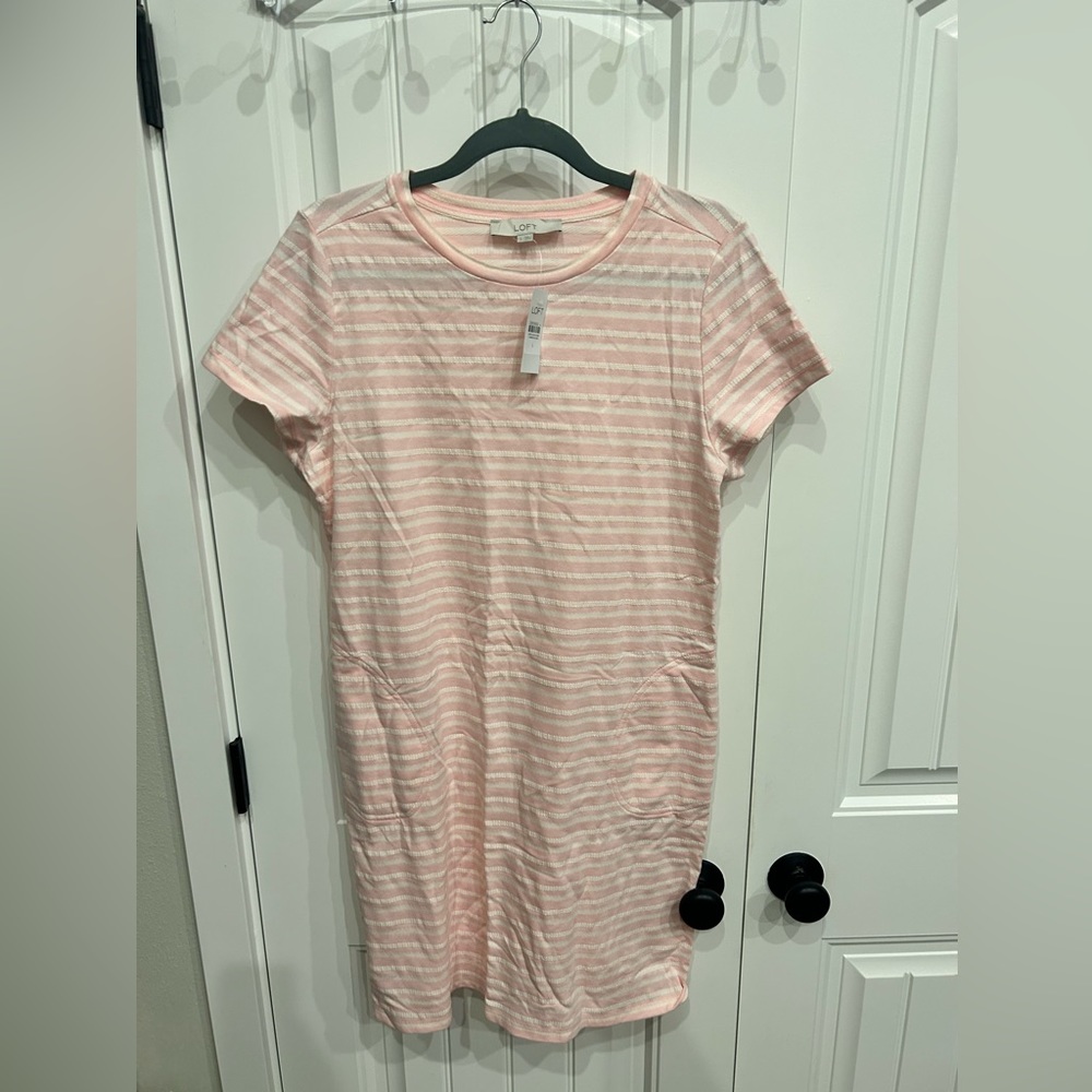 Loft mini striped pink and white t shirt dress with pockets